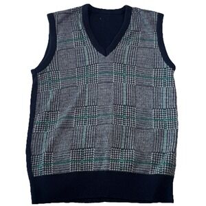 Robert Bruce Men's Wool Blend Glen Plaid Sweater‎ Vest Navy Gray Green V-Neck